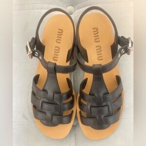 NEW NO TAG Miu Miu Black and Tan Woven Leather T-Strap Sandals